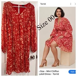 Torrid Red and Creamy Gold Floral, Chiffon Long Sleeve Dress
